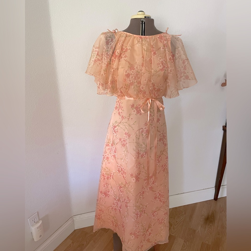 Vintage 70s angel sleeve cherry blossom dress. New